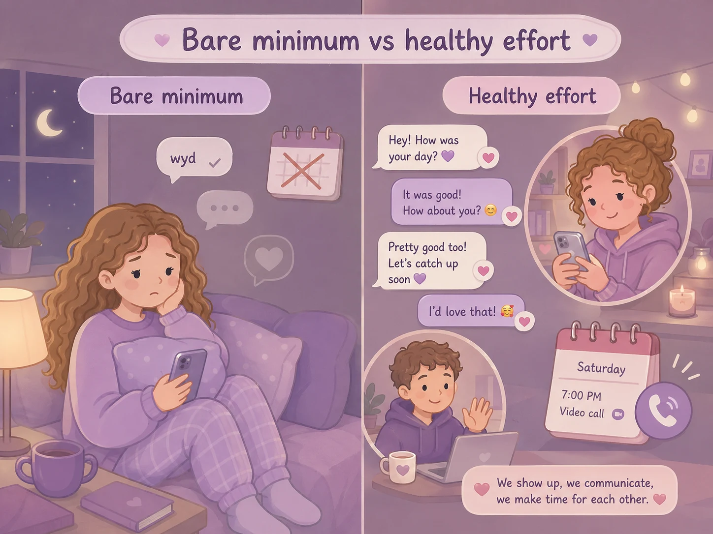Illustrated comparison of sparse replies with attentive conversation and planned time together.