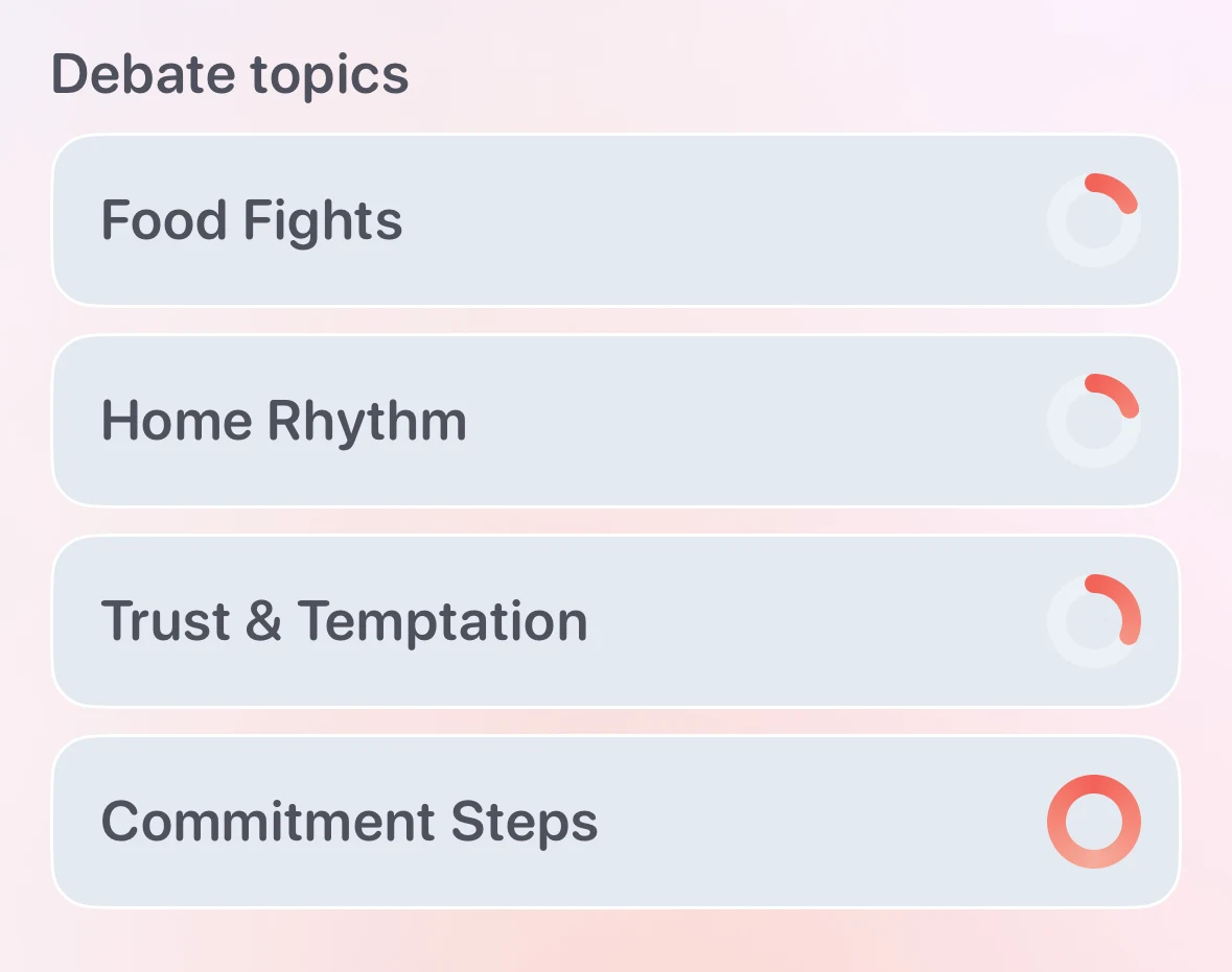 Archived Couple Pulse screen with debate topics: Food Fights, Home Rhythm, Trust & Temptation, and Commitment Steps.