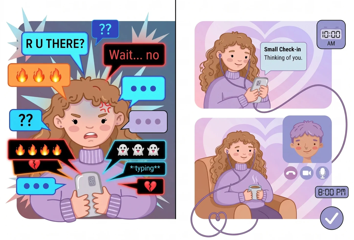 Illustrated contrast between overwhelming messages and predictable check-ins and video calls.